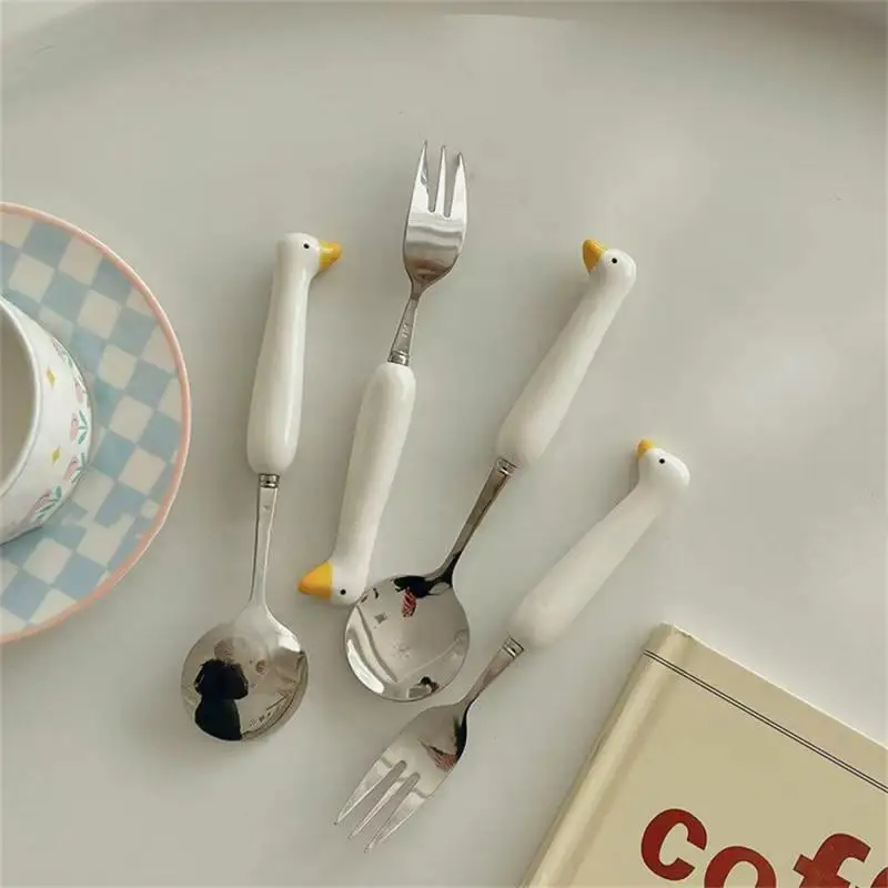 

1 Set Long Handle Goose Claw Spoon Fork Creative Stainless Steel Spoon Portable Cutlery Teaspoon Kitchen Supplies Cute Tableware