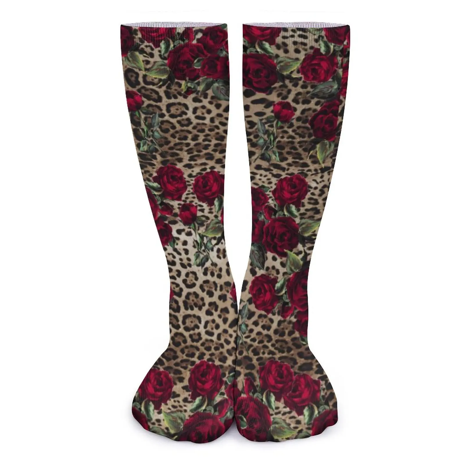 

Красные осенние чулки с леопардовым принтом, удобные женские и мужские мягкие носки средней длины, уличные противоскользящие носки с рисунком