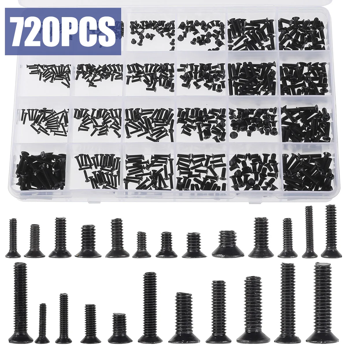 

720 шт. круглые плоские винты M1.4 M1.7 M2 M2.5 M3 винты с крестовой головкой Винты с резьбой из углеродистой стали Ассортимент винтов с потайным креп...