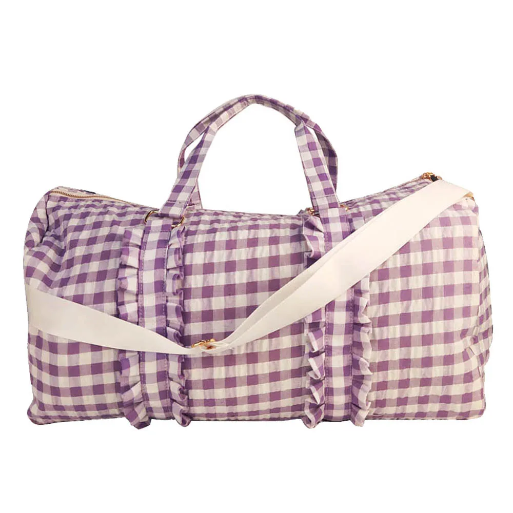 

Pink/Purple Plaid Ruffle Duffle Seersucker Travel Bag Personalized Letter Large Weekend Out bagPatches Fashion Journey Women Bag