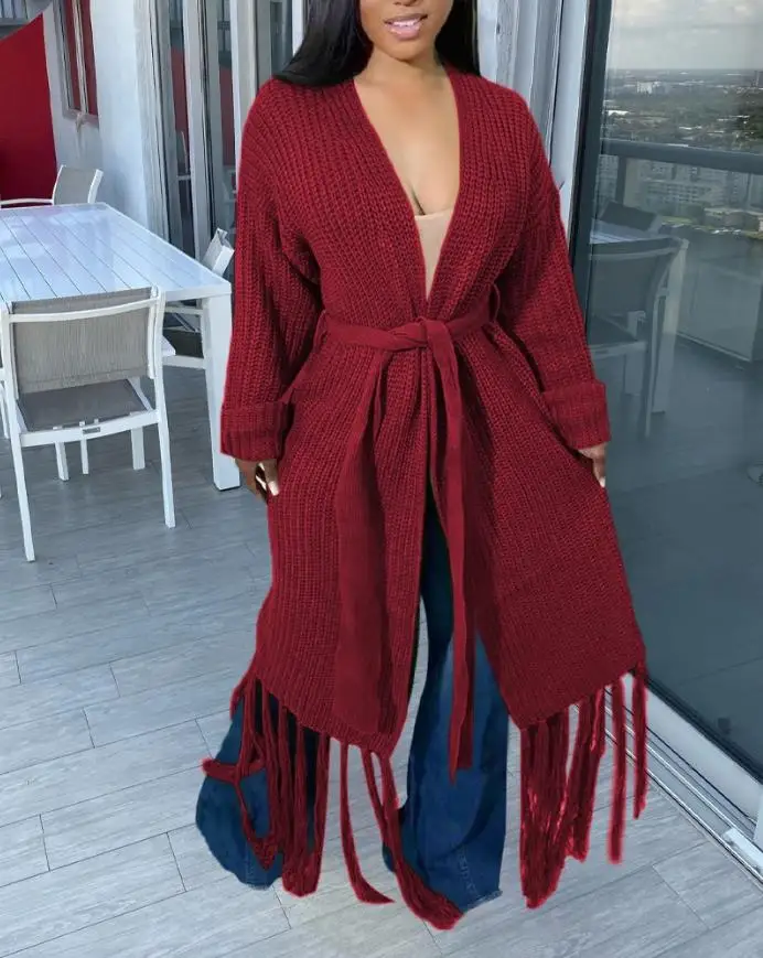

Tassel Trim Open Front Chunky Knit Longline Cardigan
