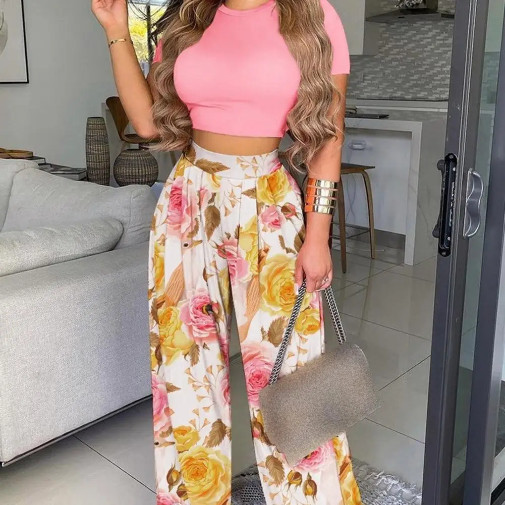

Attractive Women Outfit Printed Female Crew Neck Flower Pattern Outfit Crop Top Pants Blouse Pants 1 Set