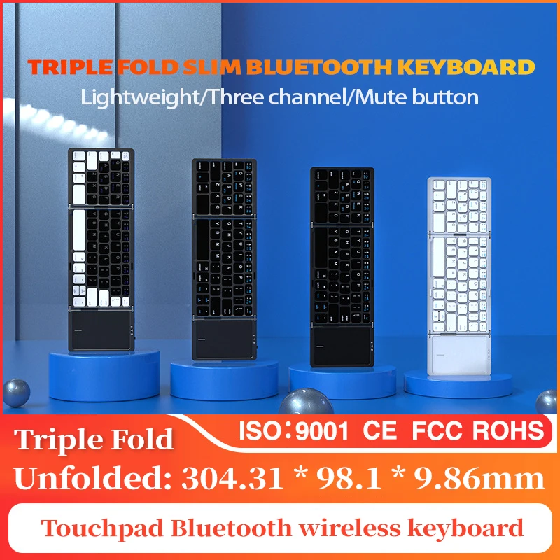 

B089T Portable Mini Three Folding Bluetooth Keyboard 64 Keys Wireless Foldable Touchpad Keypad for IOS Android iPad Tablet Phone