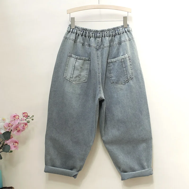 Summer New Harem Pants Cartoon Patch Jeans Women Elastic Waist Thin Light Color Internet Celebrity Loose Cropped Pants Trousers