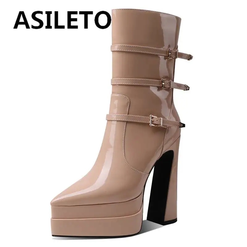

ASILETO модные женские сапоги до середины икры платформа 5 см квадратный Высокий Каблук 14,5 см заостренный носок молния ремень пряжка Большой ра...
