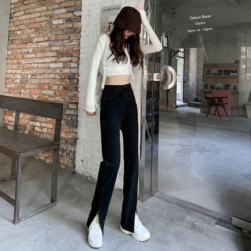 

Front Slit Jeans Women's 2022 Spring and Autumn New High-waisted Straight-leg Mopping Pants Small Micro Flared Pants