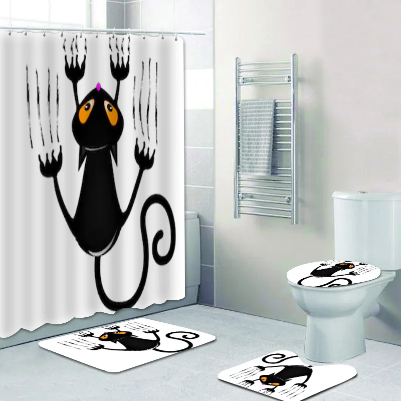 

Комплект занавески для душа в виде черной кошки на Хэллоуин, занавески для ванной комнаты, набор водонепроницаемых ковриков для ванной, коврик, ковер, аксессуары для туалета, домашний декор