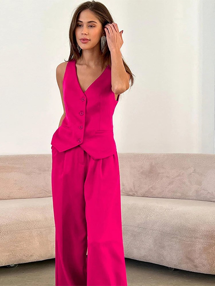Loose Casual Fuchsia Waistcoat Trousers 2 Piece Set Sleeveless Vest Wide Leg Pants Women's Suit 2023 Temperament Commuting Sets
