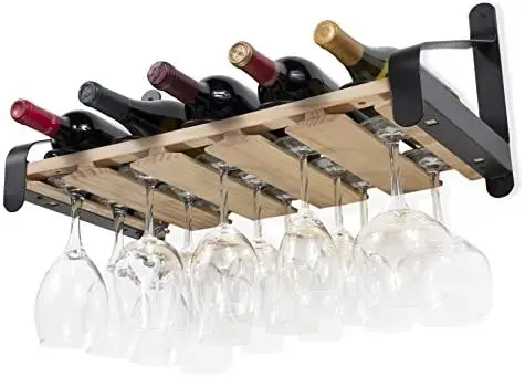 

Mount Wood Floating Wine with Glassware Holder Stemware Shelf Organizer for 5 Bottle and up to 15 Glass Storage - Kitchen Dinin