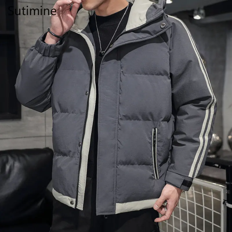 Coat Men Winter Korean Zipper Men Daily Casual Thickened Warm Cotton Padded Clothes Pockets Hooded Winter Coat Men Clothing