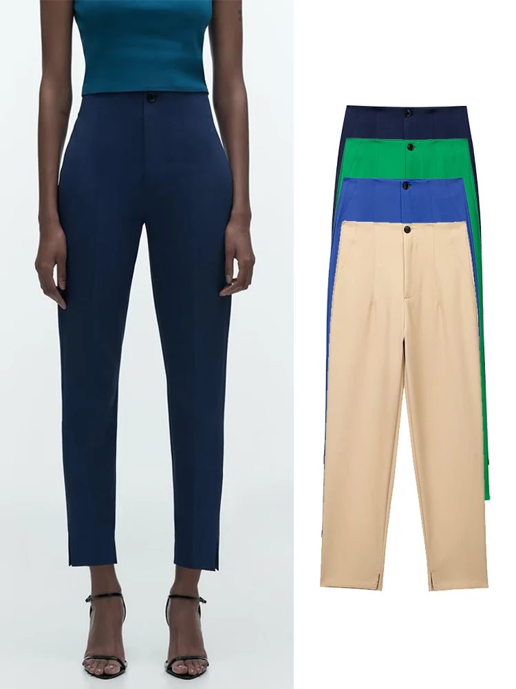 

TRAF Women High Waist Pants 2023 Autumn Ankle-Length Pants Chic Fashion Office Lady Straight Pants Zipper Female Trousers