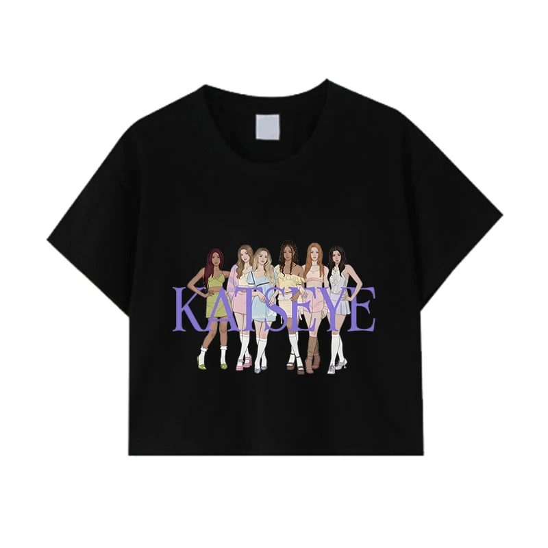 Фото Винтажный укороченный топ Fun Katseye Kpop Girl Group для концертов 2026 года, подарок для любителей музыки, укороченный топ Y2K, женская приталенная футболка из 100% хлопка №3