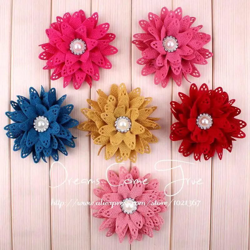 

20pcs/lot 3.5" 6 Colors Vintage Artificial Fabric Winter Hair Flowers+Bling Alloy Rhinestone Peal Button For Baby Girls Headwear