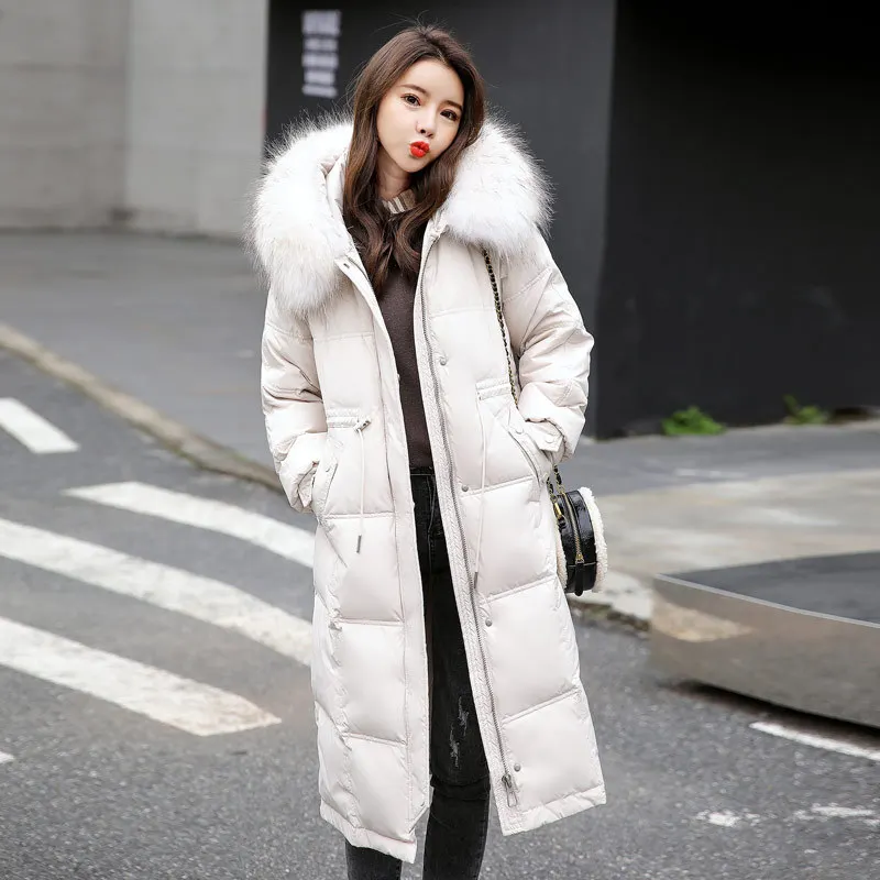 White duck down over-the-knee mid-length down jacket women's Korean style new waist-length large fur collar warm jacket coats enlarge