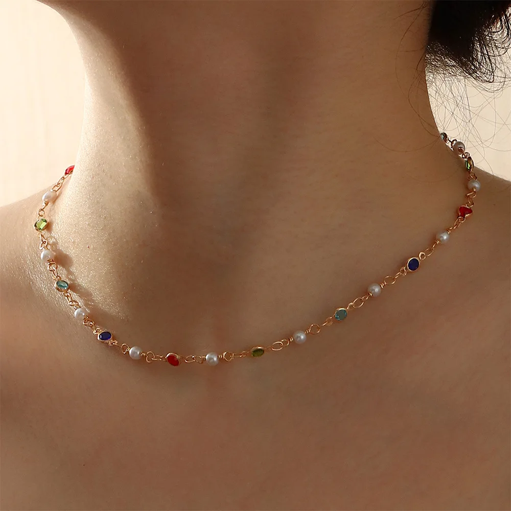 

Bohemian Colorful Crystal Bead Necklace for Women Charm Choker Handmade Imitation Pearl Star Flower Clavicle Chain Party Jewelry
