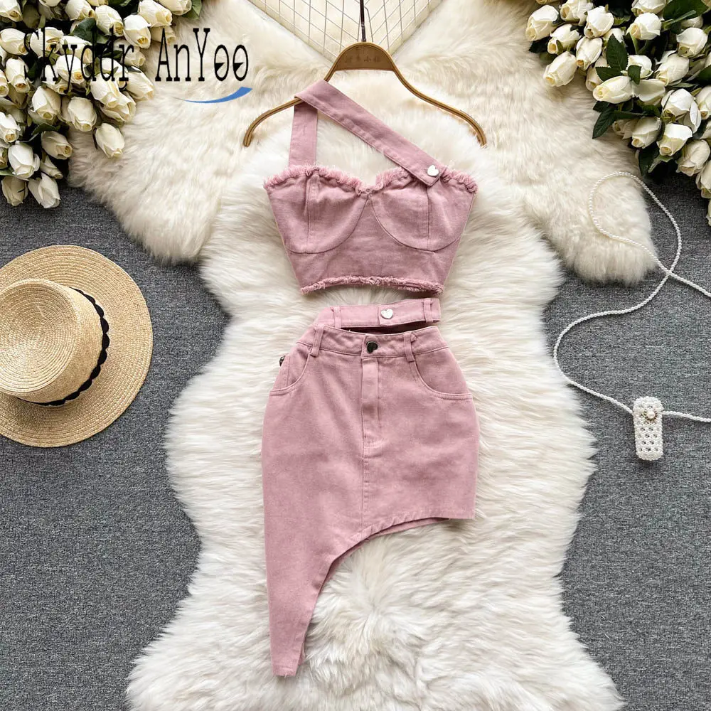 

Летний женский костюм из двух предметов, привлекательный Топ без бретелек с открытой спиной и асимметричная облегающая мини-юбка, комплект из двух предметов, женская одежда