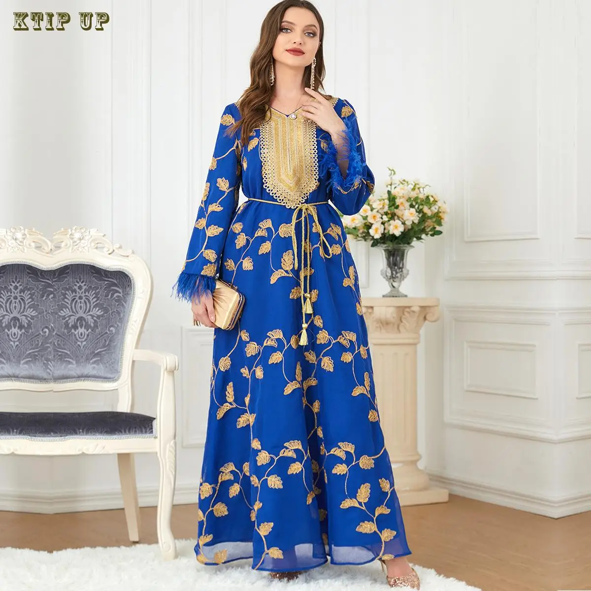 

Вышитая листьями марокканское восточное платье, вечернее платье, кафтан для женщин с поясом, арабское платье, исламское платье, Рамадан