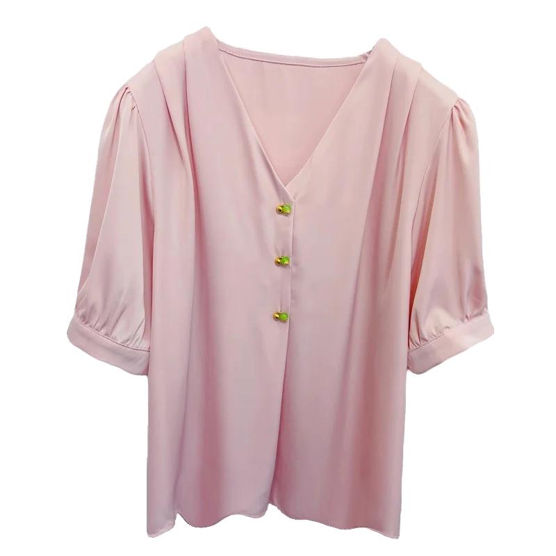 French sle Pearl Buckle V-neck Acetate Satin Short sleeve Shirts Women Summer New Elegant Silk Loose Shirt Top