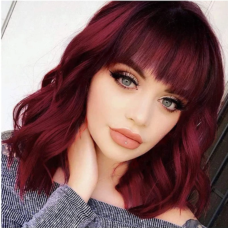 

Natural Wave Bob Wigs Human Hair Wigs for Women Machine Made 99J Burgundy Short Wig with Bangs 150% Density Shoulder Length 14"