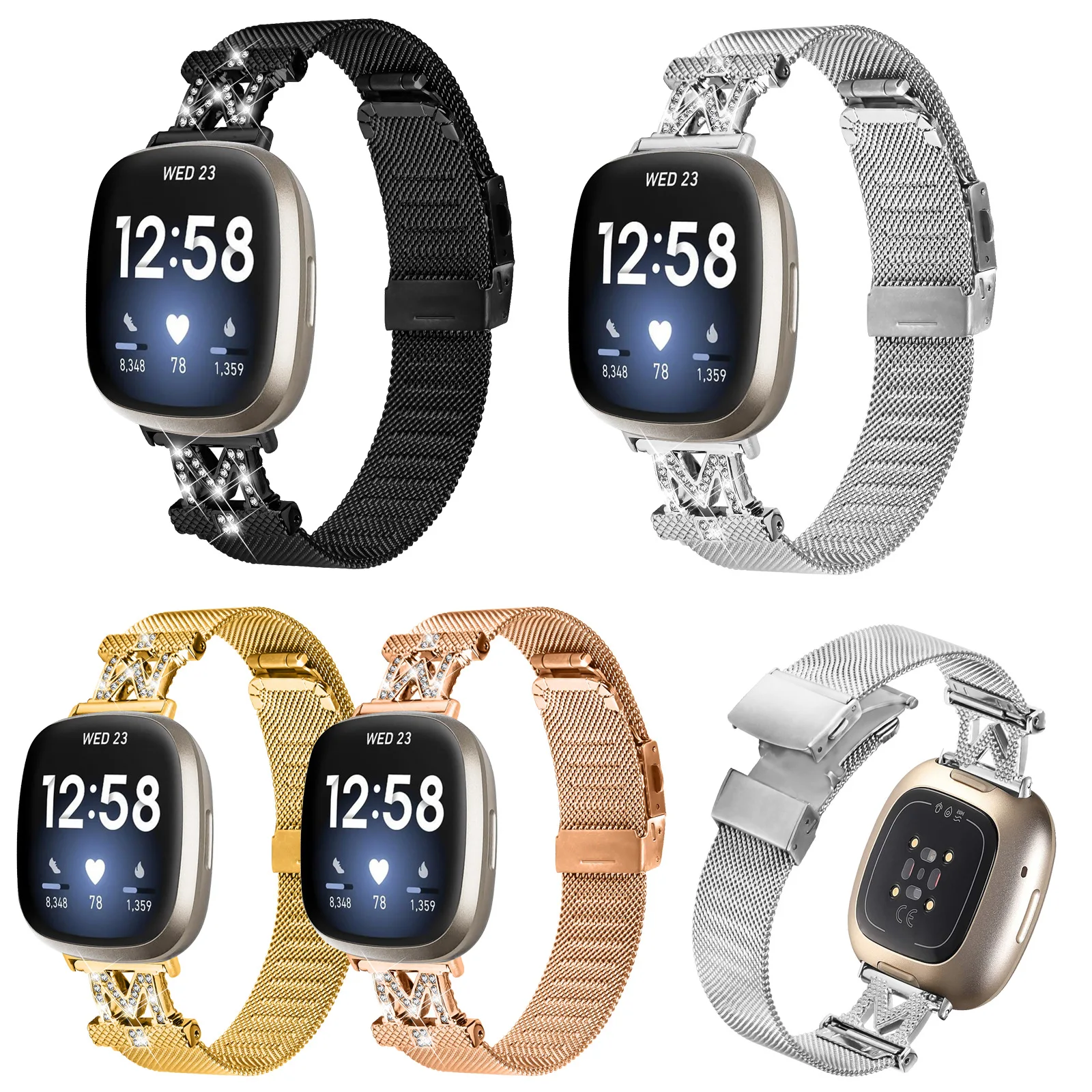 

Ремешок M-типа из нержавеющей стали для браслета Fitbit Versa 3/Versa 4, сменный бриллиантовый браслет для браслета Fitbit Sense/Sense 2