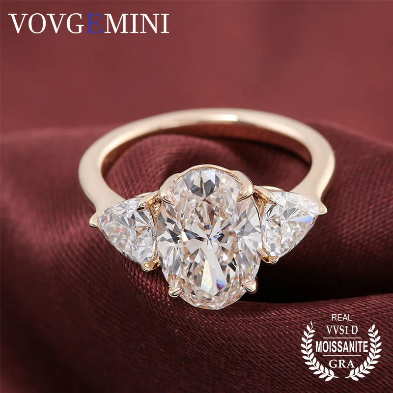 

VOVGEMINI 2ct Oval Moissanite Ring Lab Grown Diamond Engagement Rings 9k 14k 18k Yellow Gold With Two Triangle Side Stones