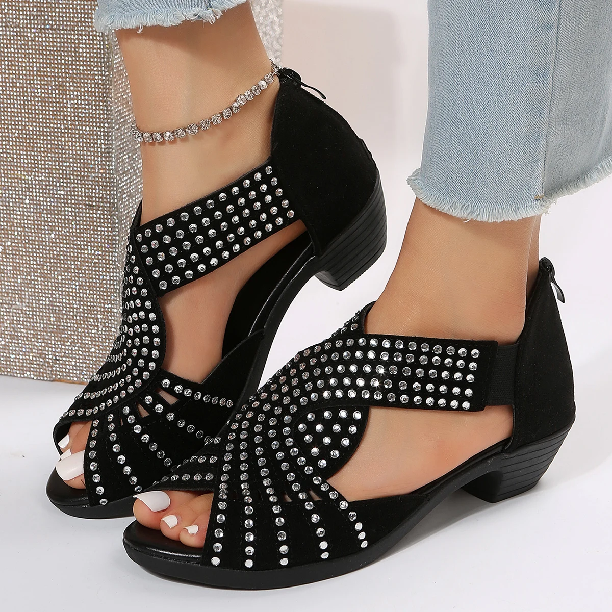 2022 new fashion comfortable dance sandals women's rhinestone zipper crystal indoor shoes women's open-toe shoes