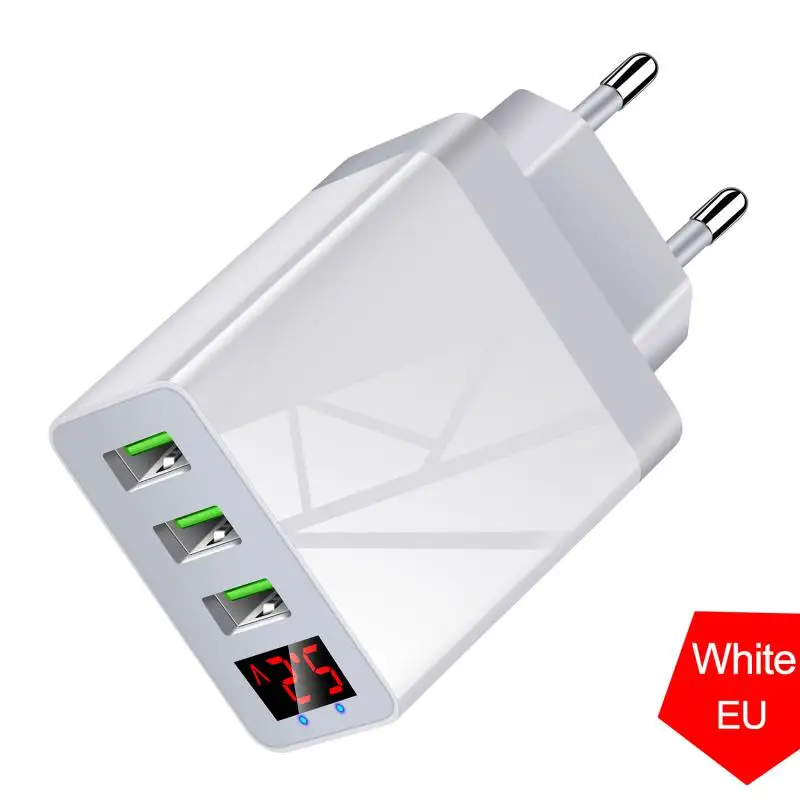 

Phone Charger Eu / Us / Uk Compatible Portable Fast Charging High Quality Mobile Accessories Led Display Wall Adapter 3 Port