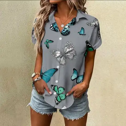 Women Tops and Blouses 2023  Summer Flower Printed Short Sleeve V Neck Shirt turn down collar Top Blouse blouses et chemises