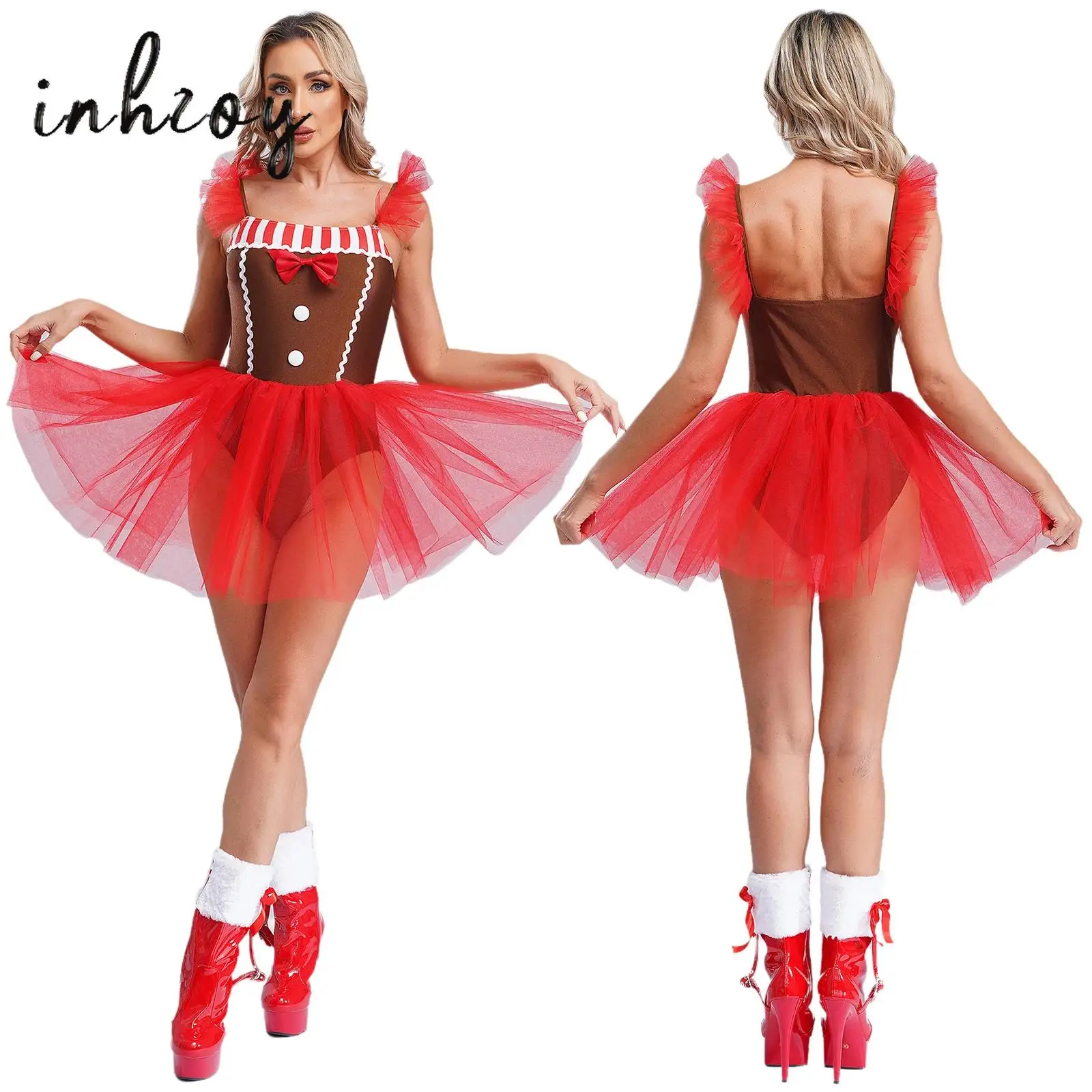 Женский Рождественский костюм имбиря конфетного тростника в полоску Сетчатое