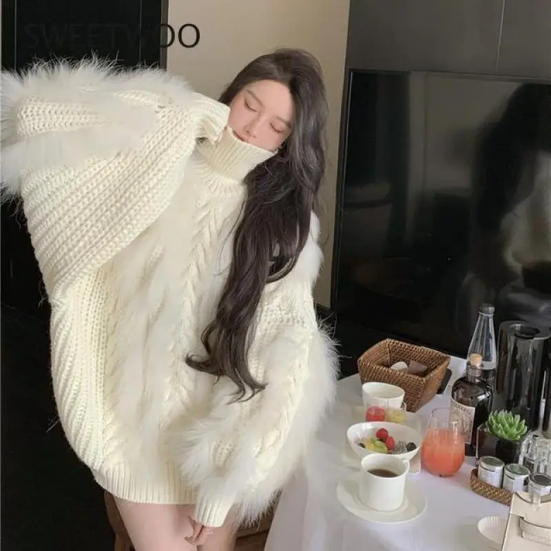 Women's Faux Fur Knitted Sweater Vest 2022 Famous Female Fur Pullover Warm Fall Winter High Neck Fur Sweaters Fashion Tide Slim
