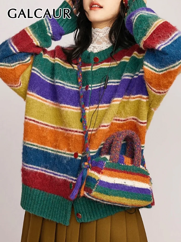 

GALCAUR Colorblock Loose Coats For Women Round Neck Long Sleeve Single Breasted Knitting Sweater Female Clothes Fashion Vintage