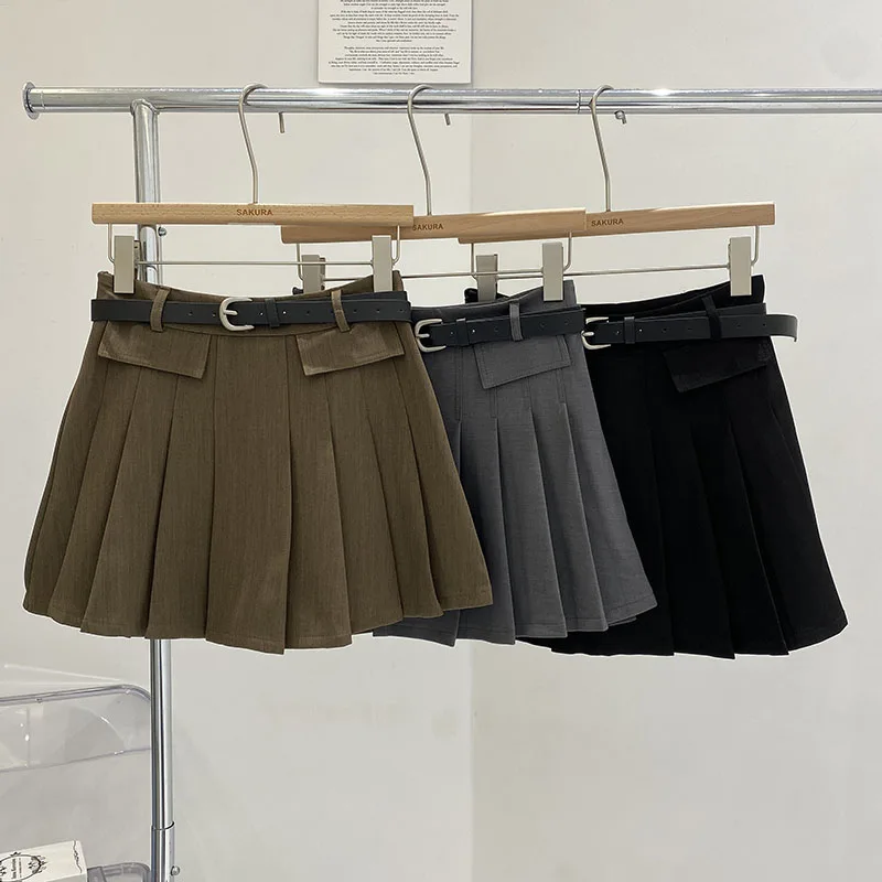 

Korean Preppy Pleated Mini Skirt for Women High Waist Double Belts A-Line Hip Wrapped Skirts Summer Women Clothing Dropshipping