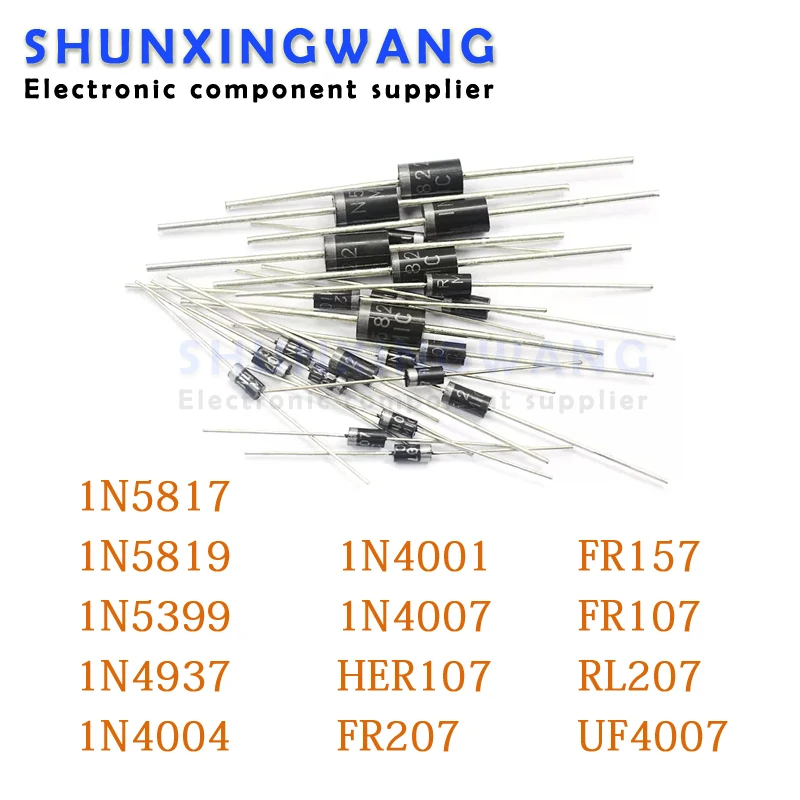 100 шт. выпрямительный диод Шоттки 1N5817 1N5819 1N5399 1N4937 1N4004 1N4001 1N4007 UF4007 HER107 FR207 FR157 FR107 RL207 DO-41