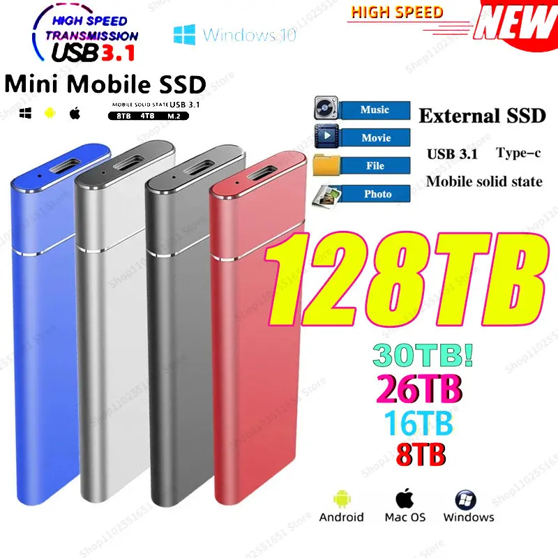 

High-speed SSD 128TB Mobile Solid State Drive Portable 8tb External Storage Decives Type-C USB 3.1 Interface for Laptop/PC/ Mac