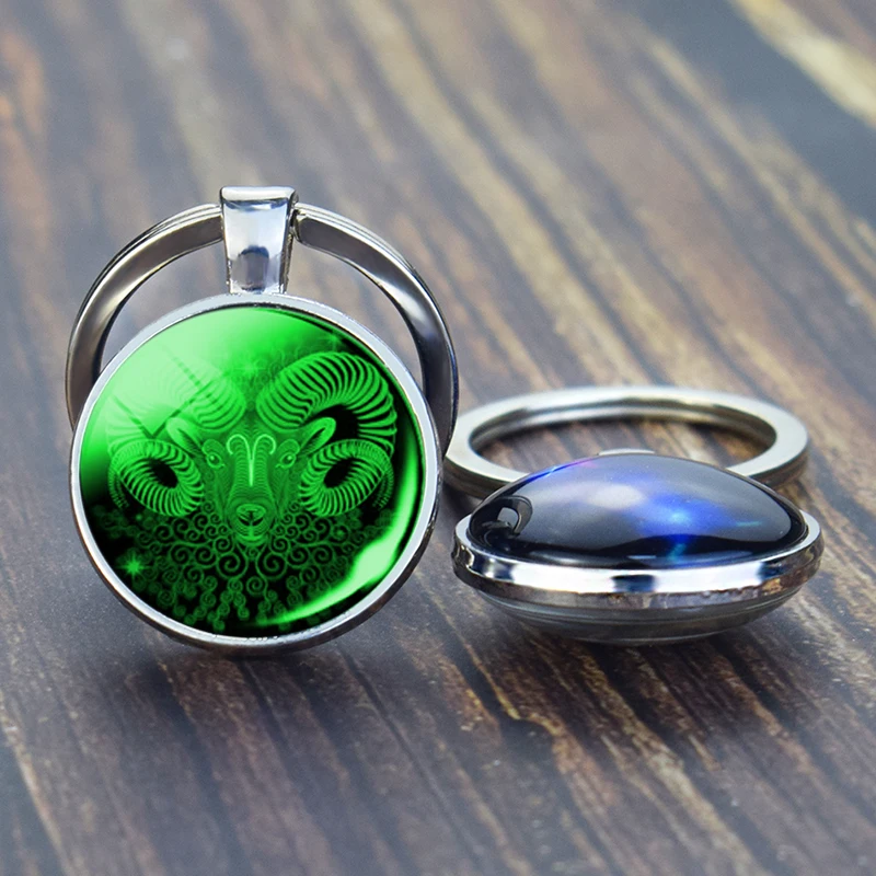 

12 Constellation Keychain 12 Zodiac Signs Luminous Double Face Glass Cabochon Key Ring Cancer Leo Pendant Women Birthday Gifts