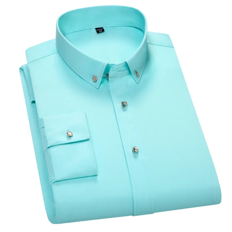 

Square Neck Elastic Diamond Buckle Button Business Casual Longsleeve Shirt for Men Breathable Cozy Hotel Work White Shirt