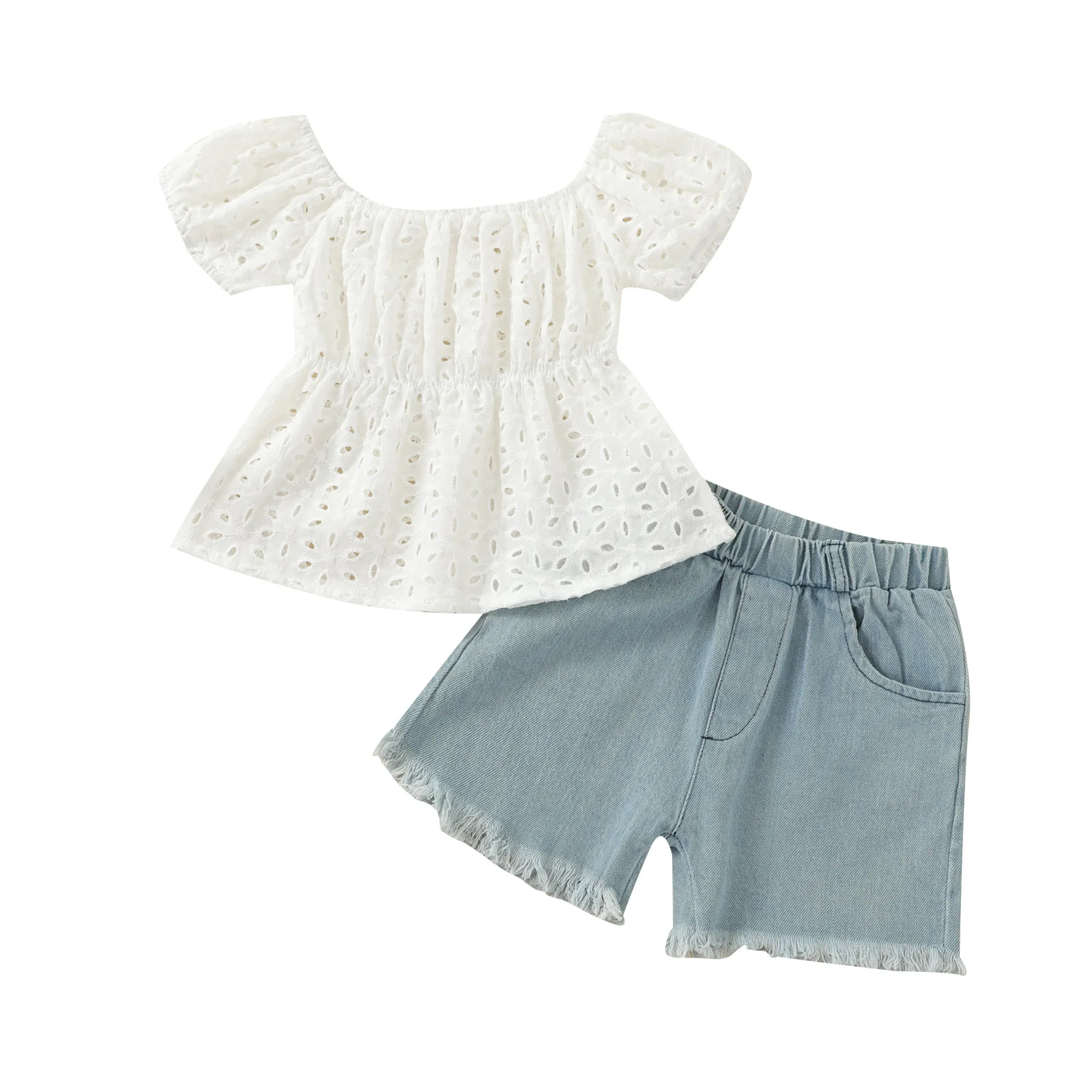 

Одежда для маленьких девочек, летняя Новинка, детская одежда, топ с рукавами-фонариками и джинсовые шорты, кружевной комплект для девочек из двух предметов, Одежда для новорожденных