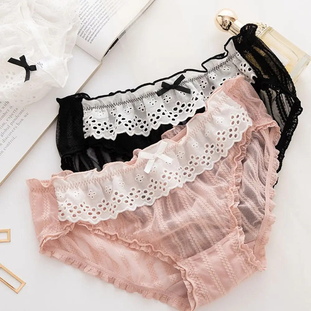 

Panties Women's Sexy Lace Transparent Japanese Girls Rolled Brief Briefs Sweet Embroidered Lace Princess Panties