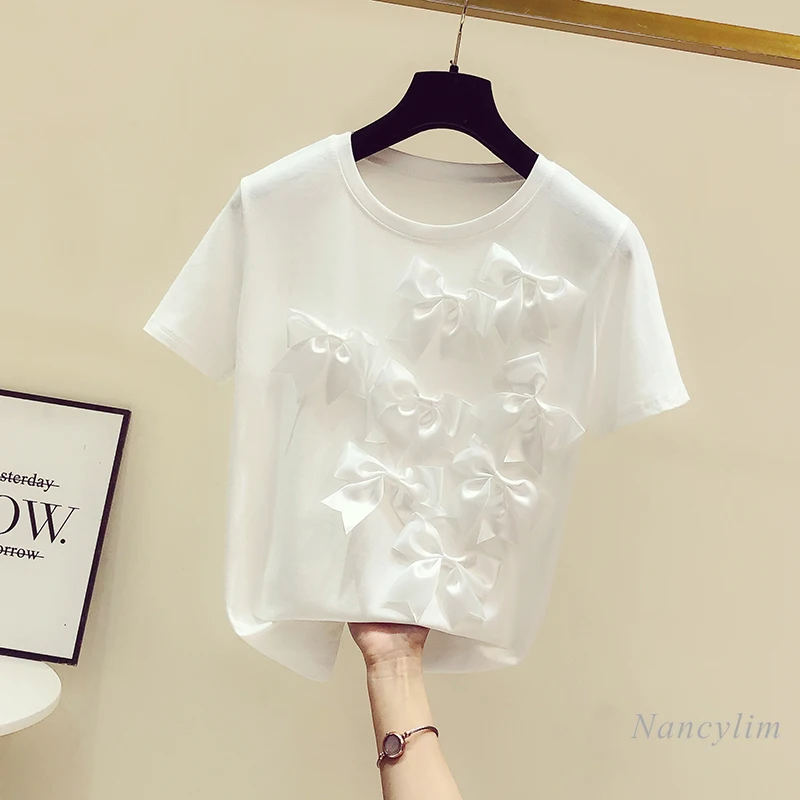 

2022 Summer New Sweet Three-Dimensional Bow Short-Sleeved T-shirt Women's Pure Cotton Tee Top Ins Fashion Street Wear