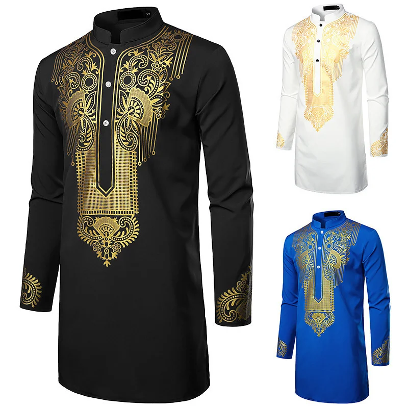 Men's Casual Totem Print Medium Long Sleeve Shirt Style Muslim Men's Stand Collar Shirt