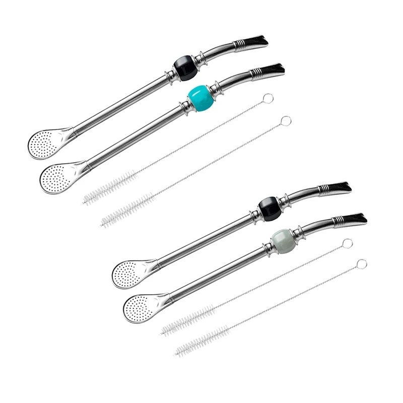 

Stainless Steel Spoon Straw 8.5Inch Yerba Mate Bombillas Head Filte,Set Of 2 Starw Brush For Gourd Cup Mate Set