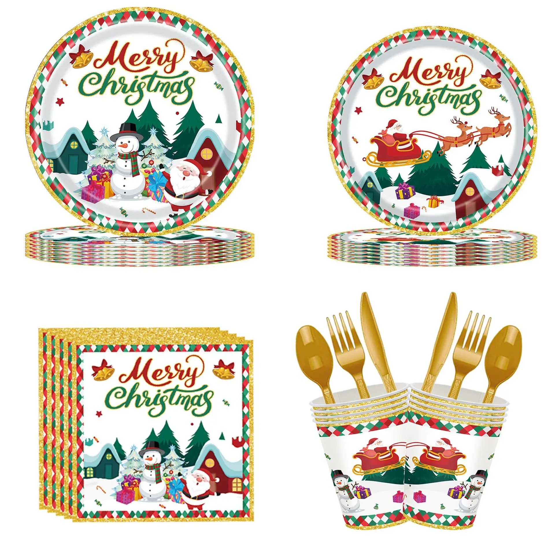 

8pcs Christmas Party Disposable Tableware Santa Claus Snowman Elk Pattern Paper Plates Cups For Christmas Gold Knife Fork Spoon