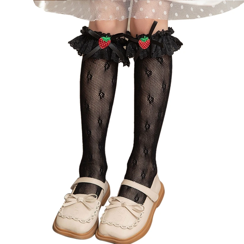 

Kids Girls Floral Lace Knee High Socks Ruffle Strawberry Bow Stockings drop shipping