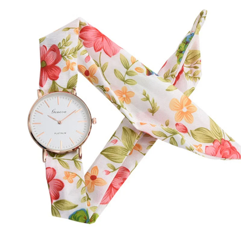 Часы наручные женские с цветочным принтом кварцевые тканевым ремешком из