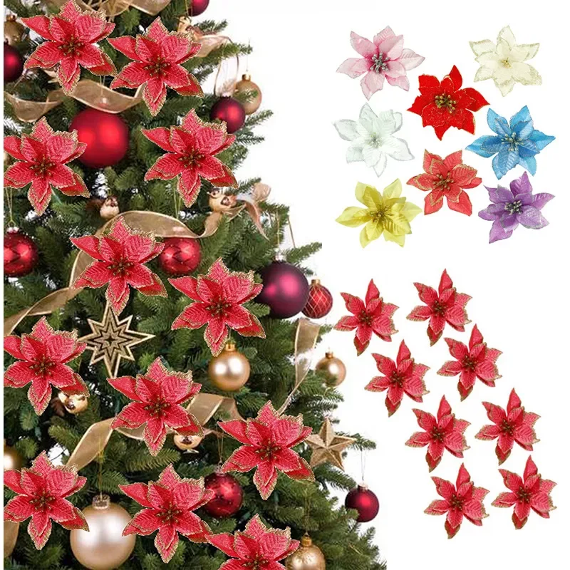 

5/10PCs Christmas Decorations Glitter Artificial Flowers Xmas Tree Decor For Home Party 2022 Navidad New Year Ornaments Kid Gift