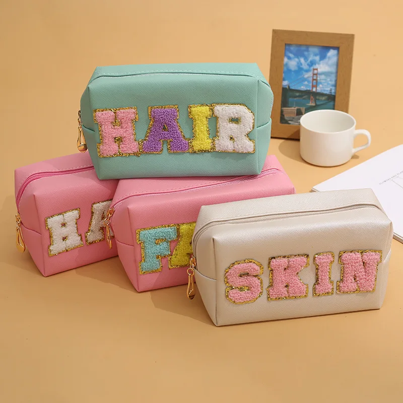 

Stock Customize Embroidery Patches PU Durable Waterproof Pouch Makeup Case Women Girls Travel Cosmetic Bag