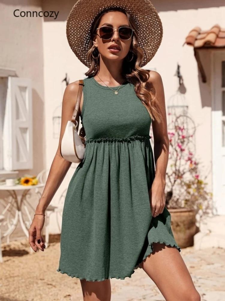 

Summer Vest Dress Women Sleeveless Mini Ruffle Dresses Female Fashion Green Crew Neck High Waist Short Prom Dress Beach Vestidos