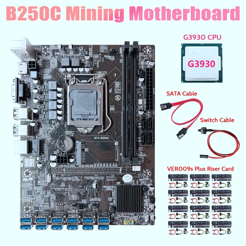 

Материнская плата B250C ETH Miner + ЦП G3930 + переходник 12XVER009S Plus + кабель SATA + кабель переключателя 12 USB3.0 слот GPU LGA1151 для BTC