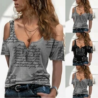 ladies fashion casual letter print short sleeve top summer v neck zipper strapless sexy t shirt women clothing