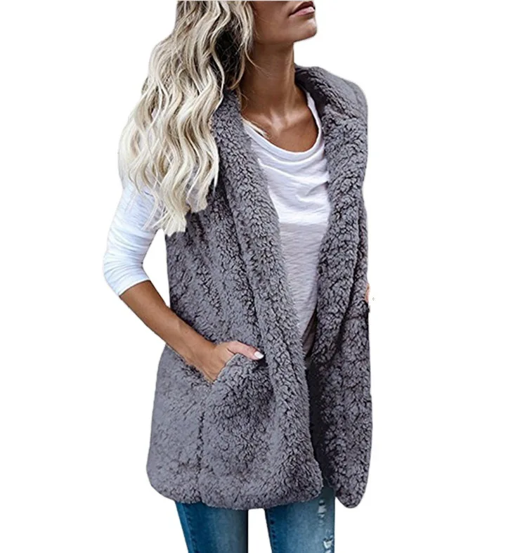 Autumn Winter plus Size Women's Clothing Fashion Solid Color Sleeveless Hooded Pocket Waistcoat Furry Vest